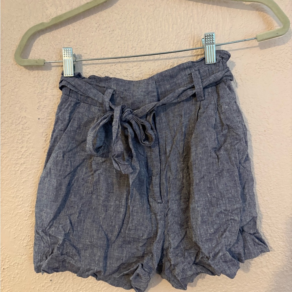 H&M Women’s Blue Tie-Waist Linen-Blend Paper Bag Shorts